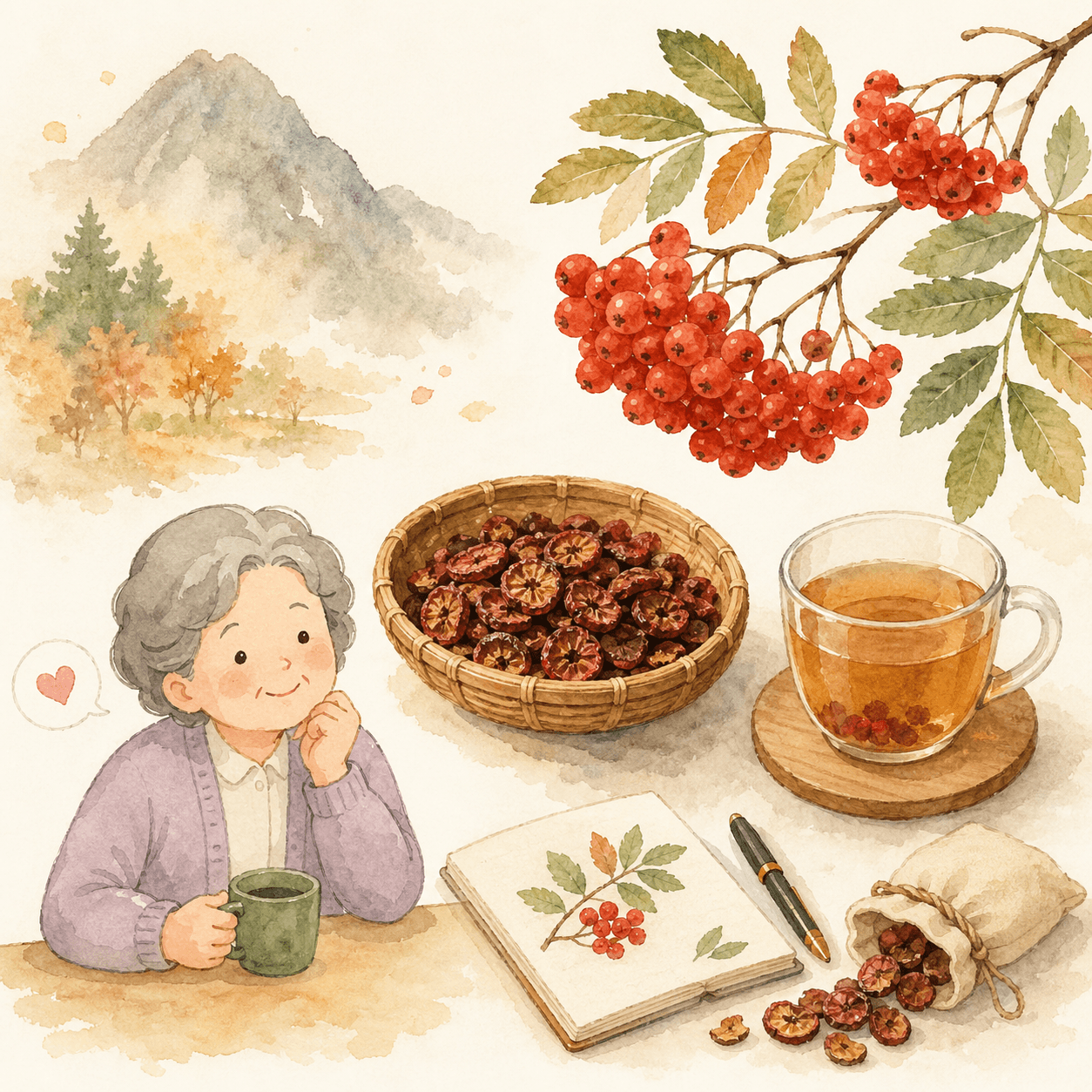 가을 산에서 빨갛게 익은 마가목 열매 송이