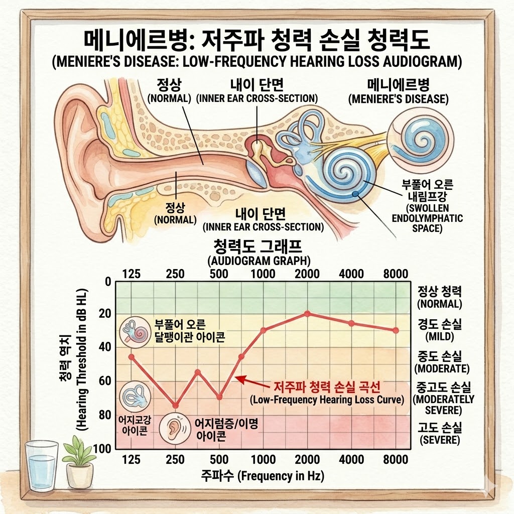 메니에르병 저주파 청력 손실 청력도 그래프