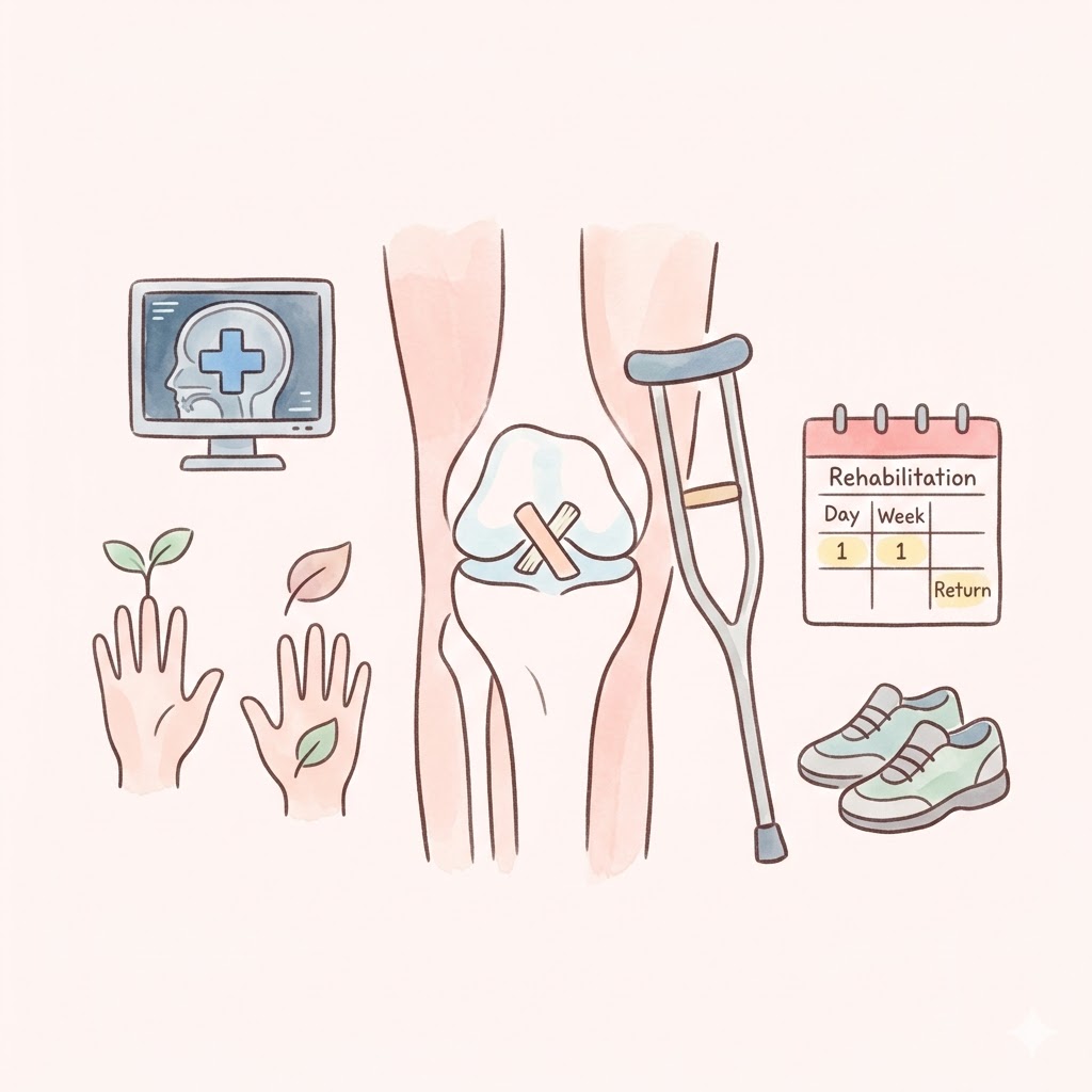 무릎 수술 전 상담을 받는 환자와 의료진의 모습, 십자인대 재건술 수술 전 확인사항 5가지 안내 이미지