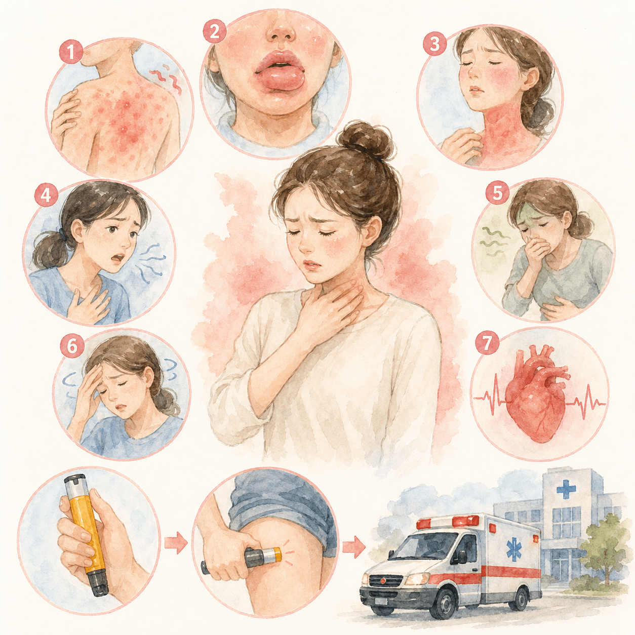 아나필락시스 전조 증상 7가지 인포그래픽 - 피부 두드러기, 호흡 곤란, 혈압 저하, 에피네프린 투여