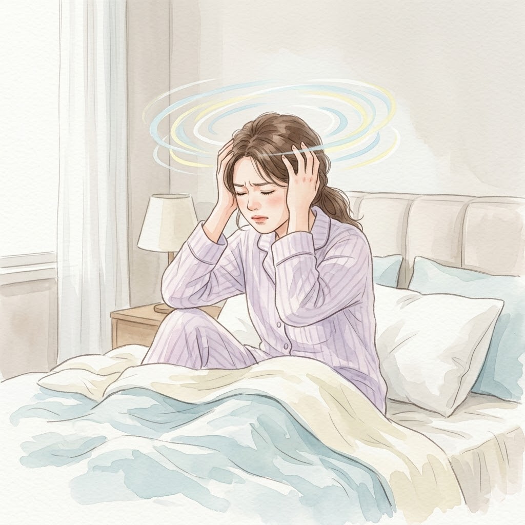 침대에서 어지럼증으로 머리를 감싸쥐고 있는 여성의 모습