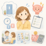 화장실 앞에서 방광 부위를 누르며 불편한 표정을 짓는 중년 여성의 모습