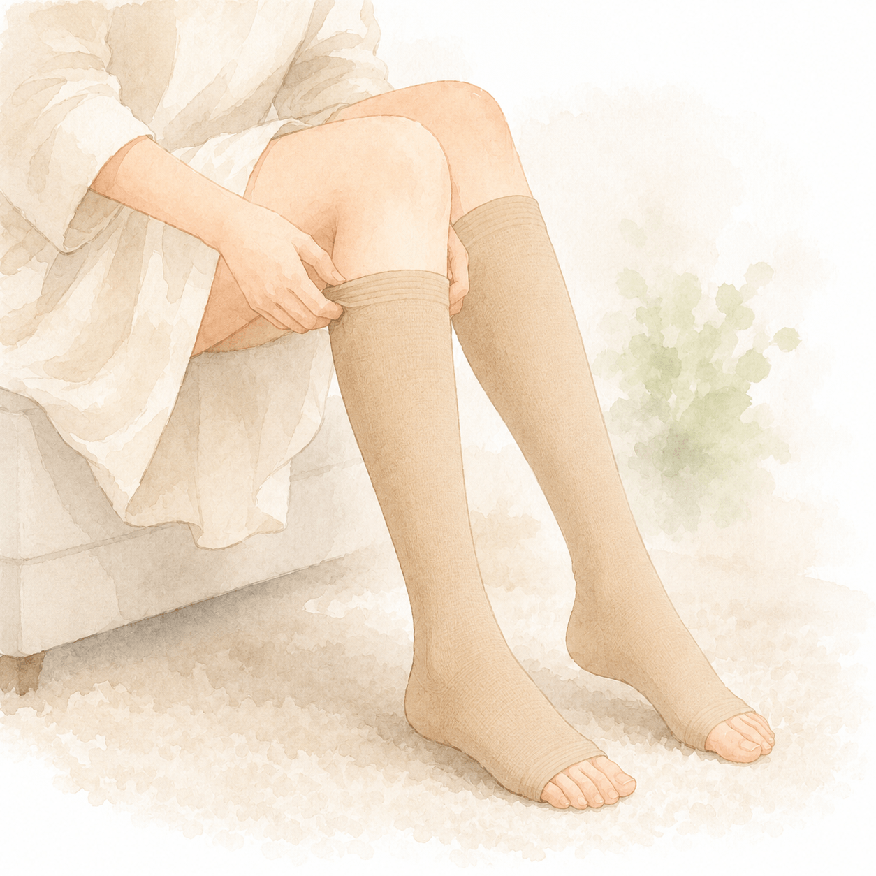다리에 의료용 압박스타킹을 착용한 여성의 종아리 클로즈업 사진