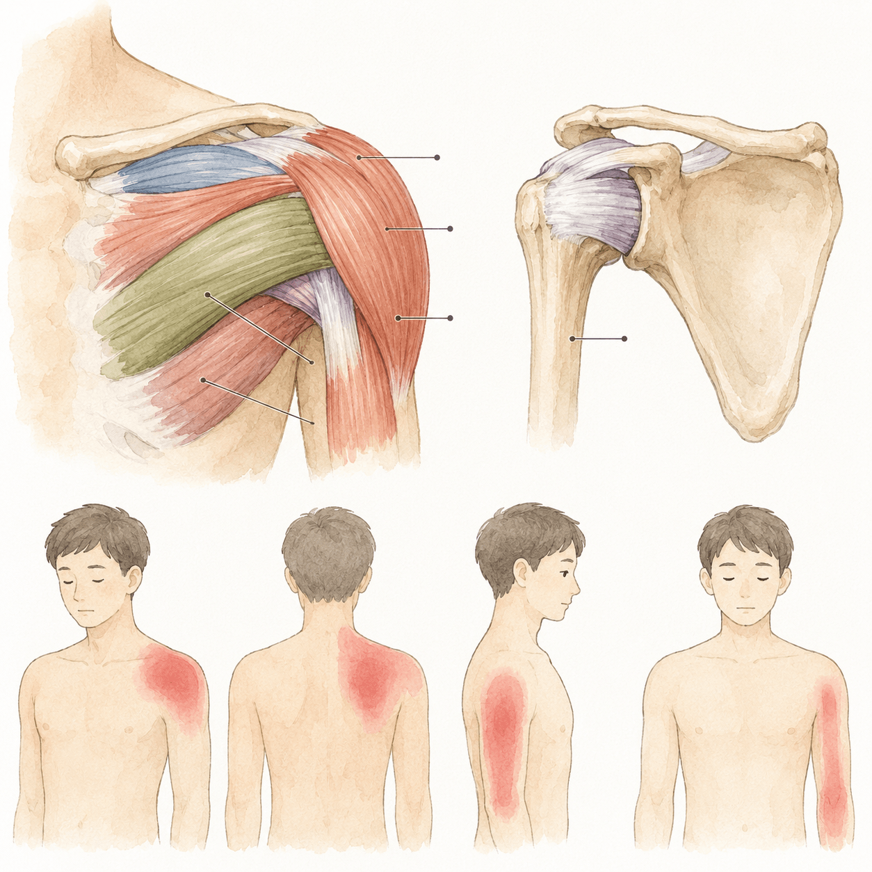 어깨 근육 해부도와 부위별 통증 위치를 표시한 의학 일러스트
