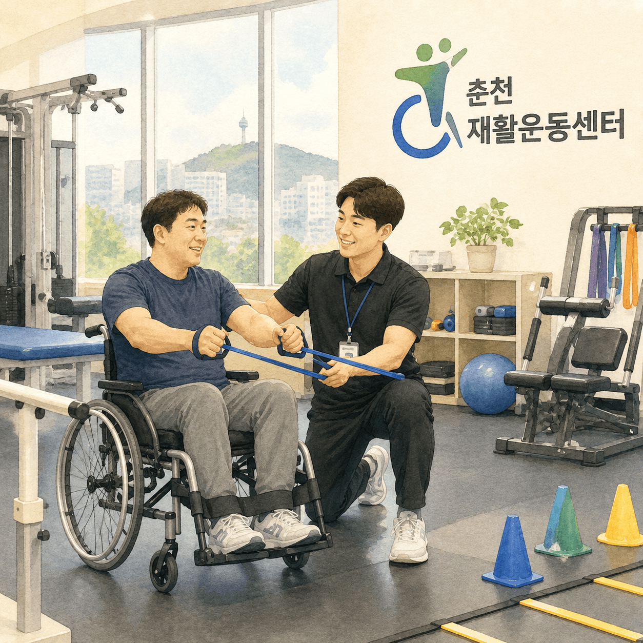 춘천 재활운동센터에서 장애인 회원이 운동 코치와 함께 트레이닝하는 모습