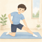 대퇴근막장근 스트레칭 자세를 보여주는 남성이 허벅지 바깥쪽을 늘리는 측면 스트레칭 동작 사진