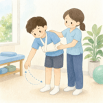 쇄골골절 재활 중인 환자가 물리치료사의 도움을 받아 어깨 진자 운동을 하는 모습