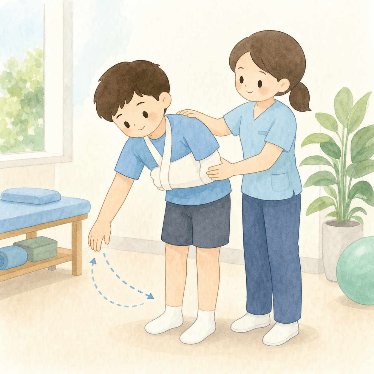 쇄골골절 재활 중인 환자가 물리치료사의 도움을 받아 어깨 진자 운동을 하는 모습