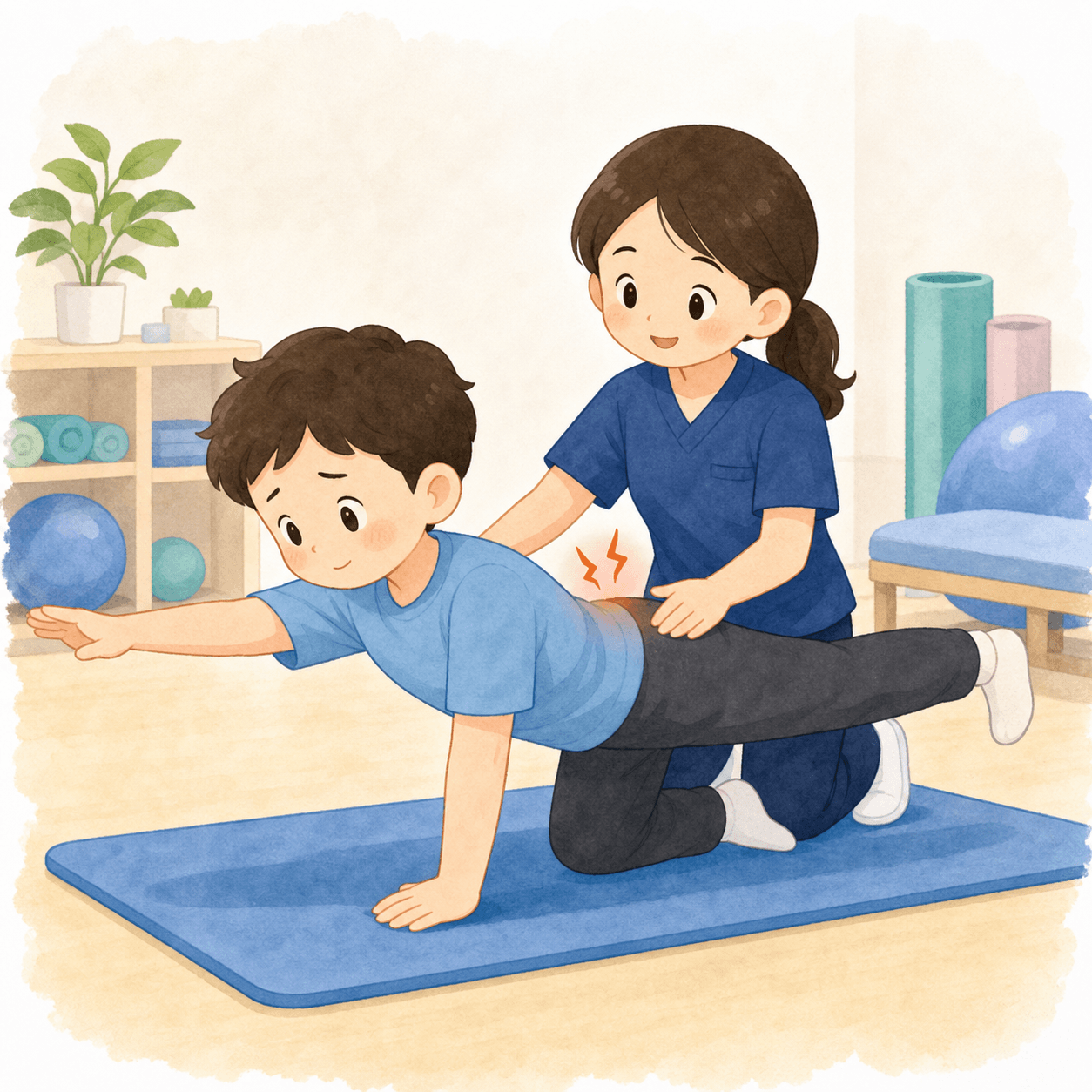 허리 통증 환자가 재활의학과에서 물리치료사와 함께 코어 재활 운동을 받고 있는 모습