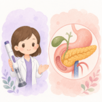 마운자로 주사제 옆에 췌장 해부 구조 이미지를 나란히 배치한 의학 정보 썸네일