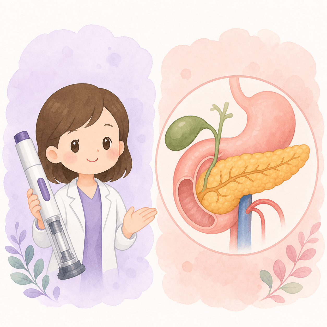 마운자로 주사제 옆에 췌장 해부 구조 이미지를 나란히 배치한 의학 정보 썸네일
