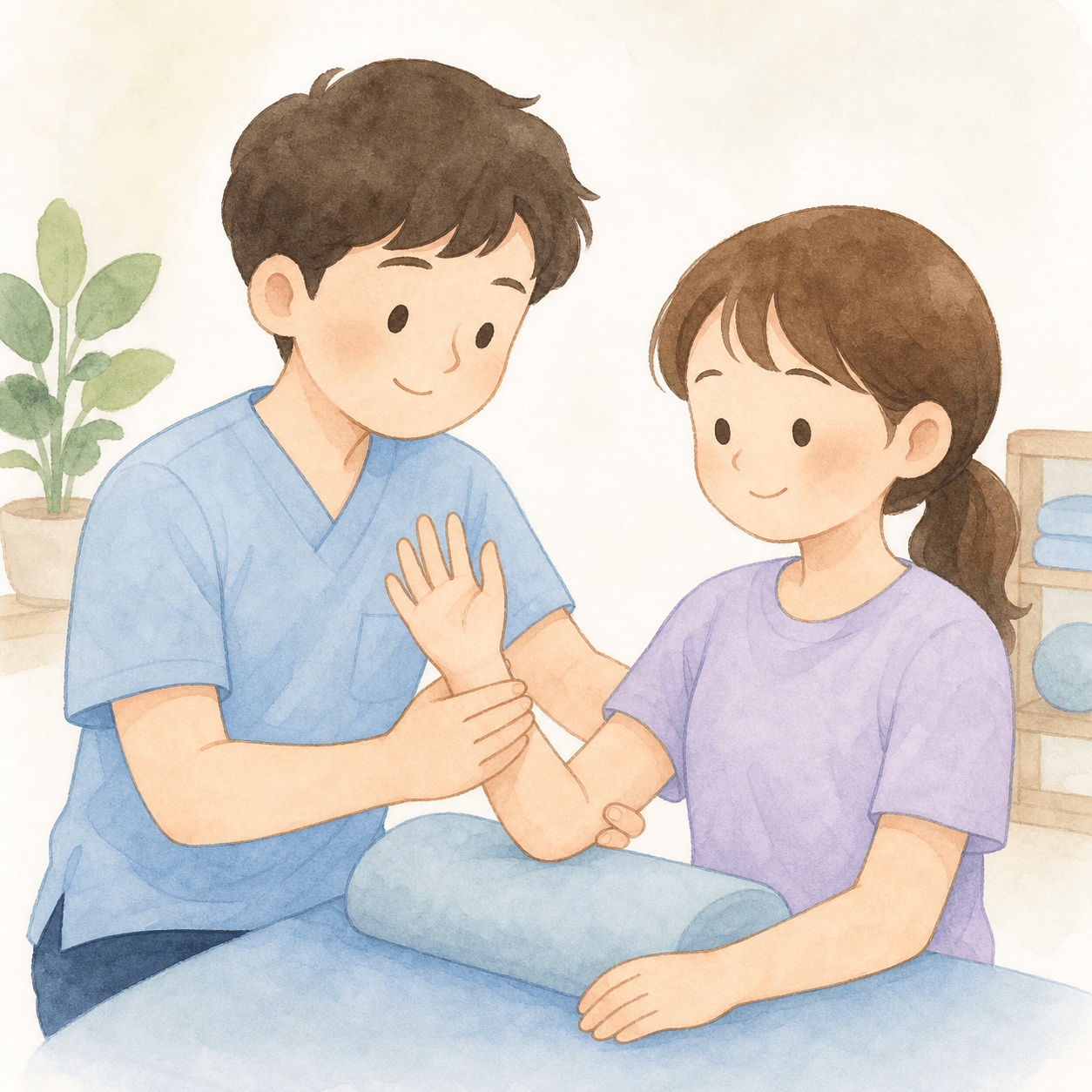 손목 골절 재활 운동 중인 환자의 손목을 물리치료사가 직접 도수치료로 보조하는 장면