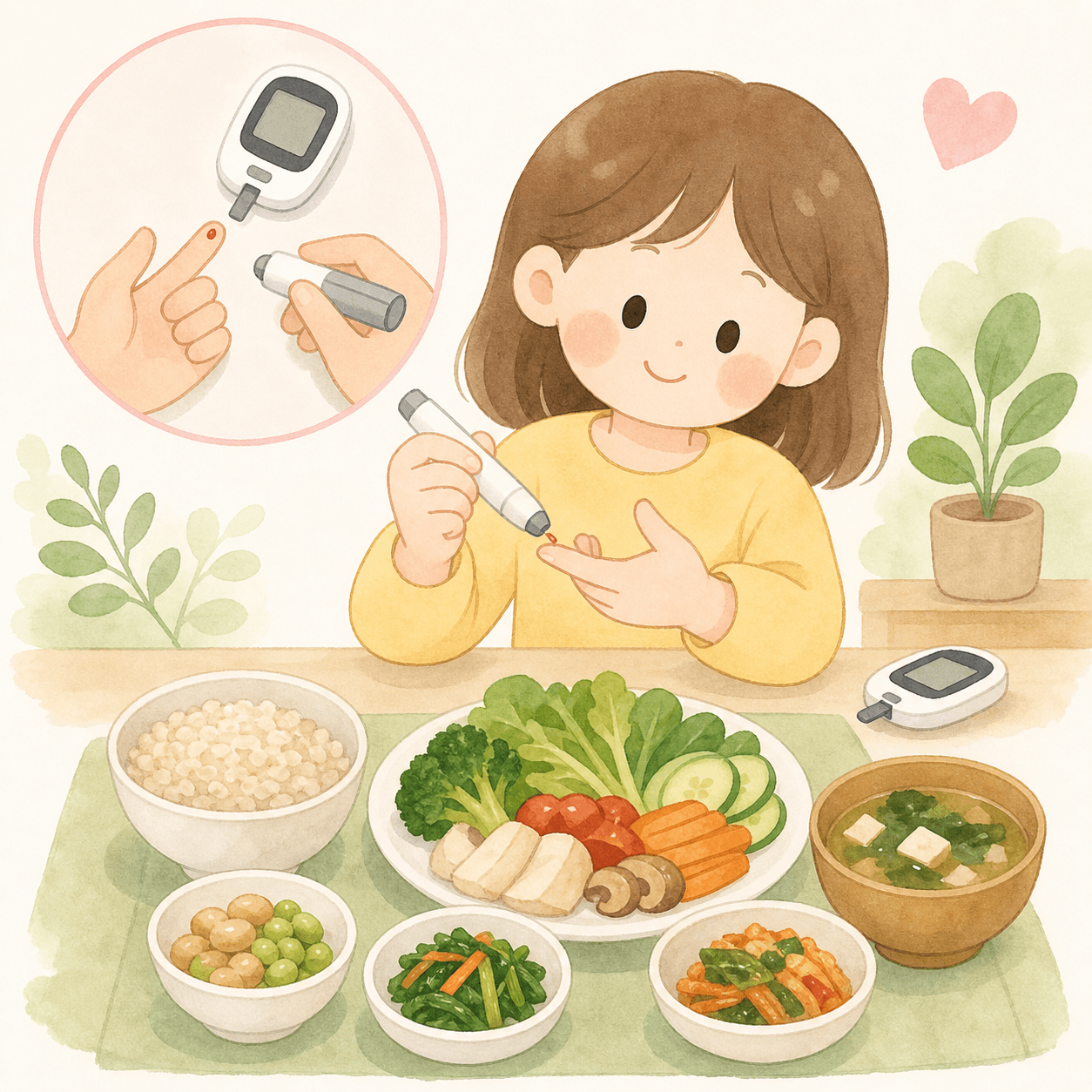 당뇨 혈당 측정기로 손가락 채혈하는 모습과 현미밥·채소 중심의 당뇨 식단