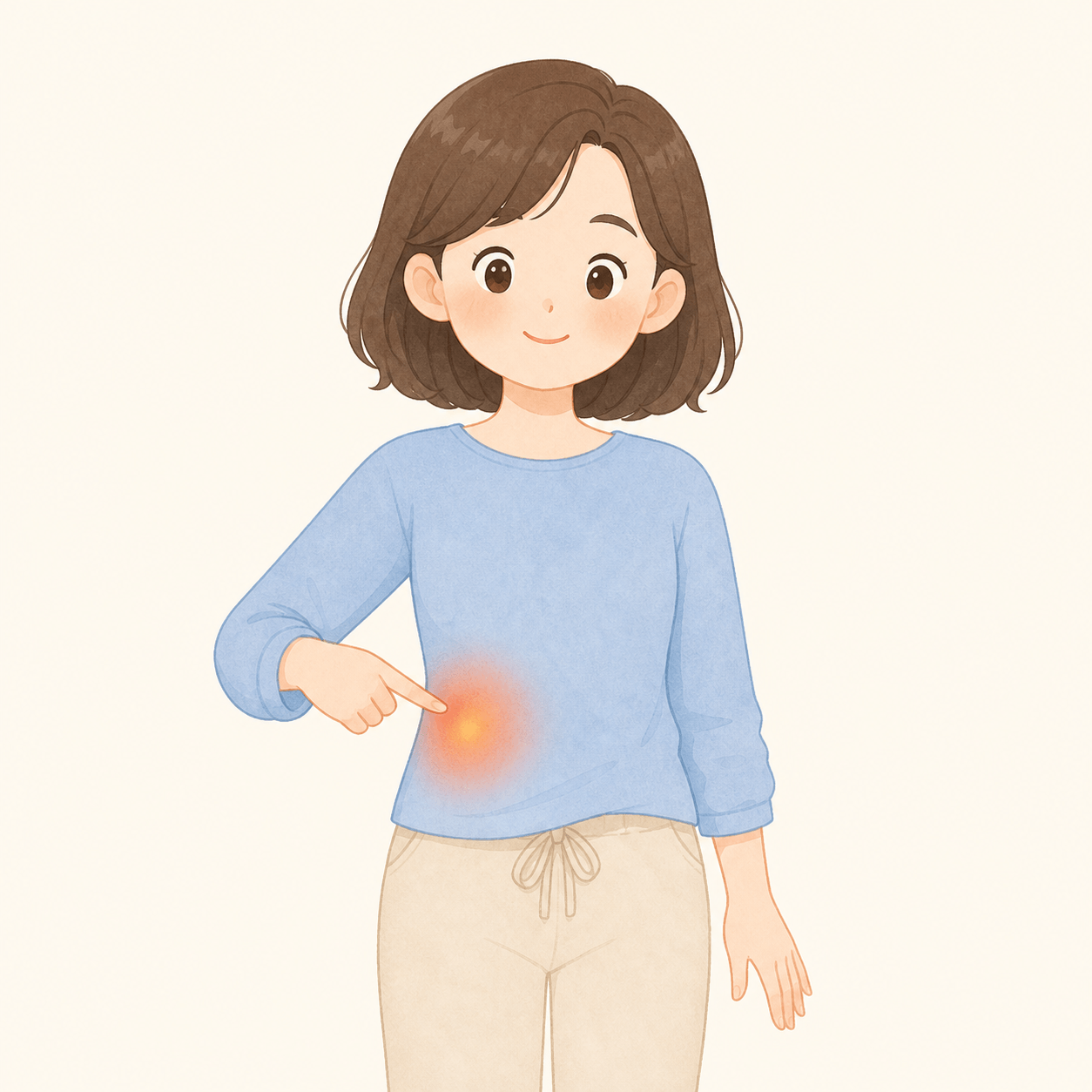 복부 오른쪽 윗부분을 가리키며 담석 통증 위치를 설명하는 귀여운 플랫 카툰 캐릭터