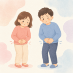 방광 통증으로 불편해하는 여성과 남성을 표현한 귀여운 단순 플랫 카툰