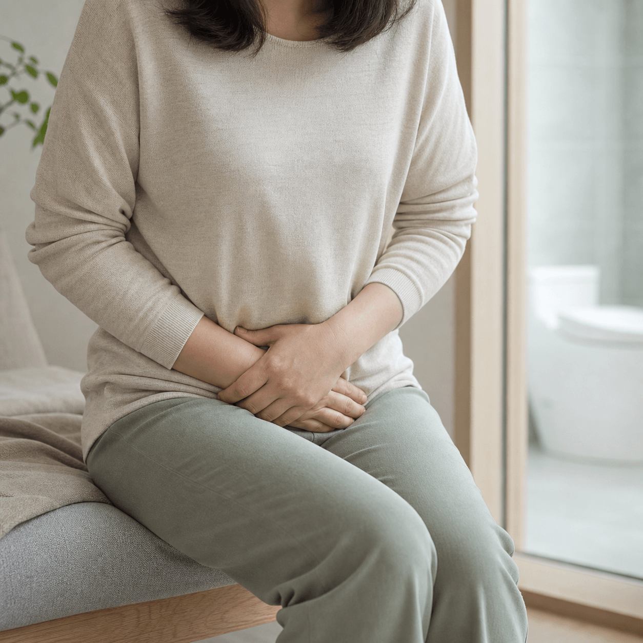 40대 여성이 배를 감싸며 요실금 증상으로 불편해하는 모습을 표현한 건강 정보 이미지