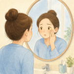 거울을 보며 노랗게 변한 눈 흰자와 얼굴을 확인하는 사람