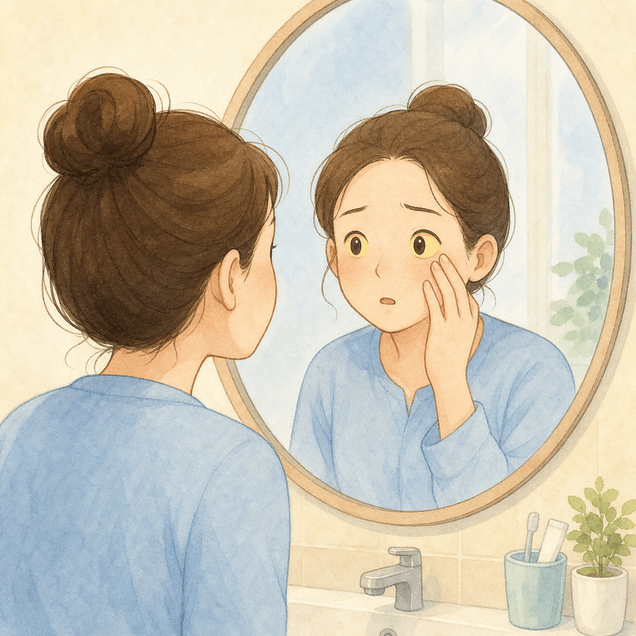 거울을 보며 노랗게 변한 눈 흰자와 얼굴을 확인하는 사람