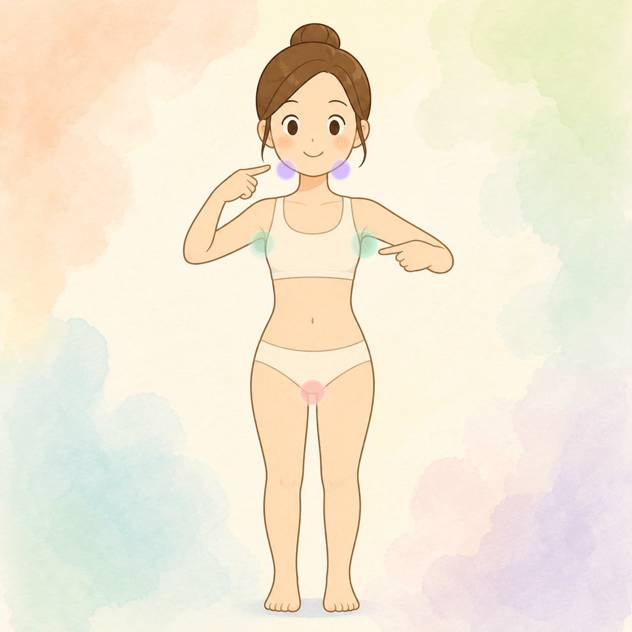 귀여운 단순 플랫 카툰 인물이 목 겨드랑이 사타구니의 림프절 위치를 가리키는 장면