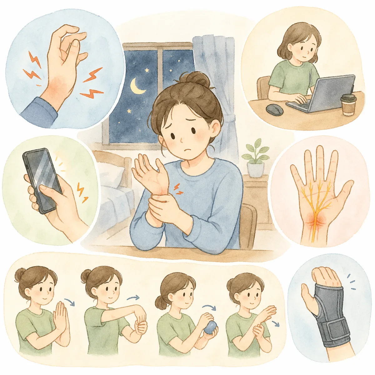 손목터널증후군 자가 테스트와 스트레칭 동작을 보여주는 이미지