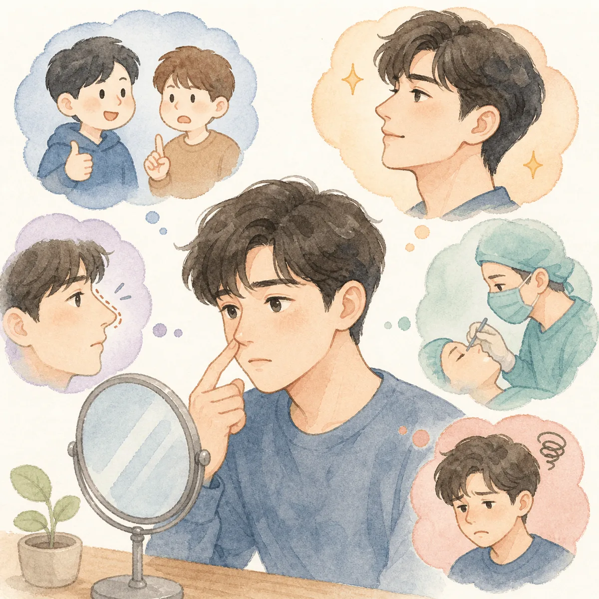 매부리코 미남 디시 후기 분석 — 측면 45도에서 본 남성 매부리코 라인과 얼굴형 비율 비교 일러스트