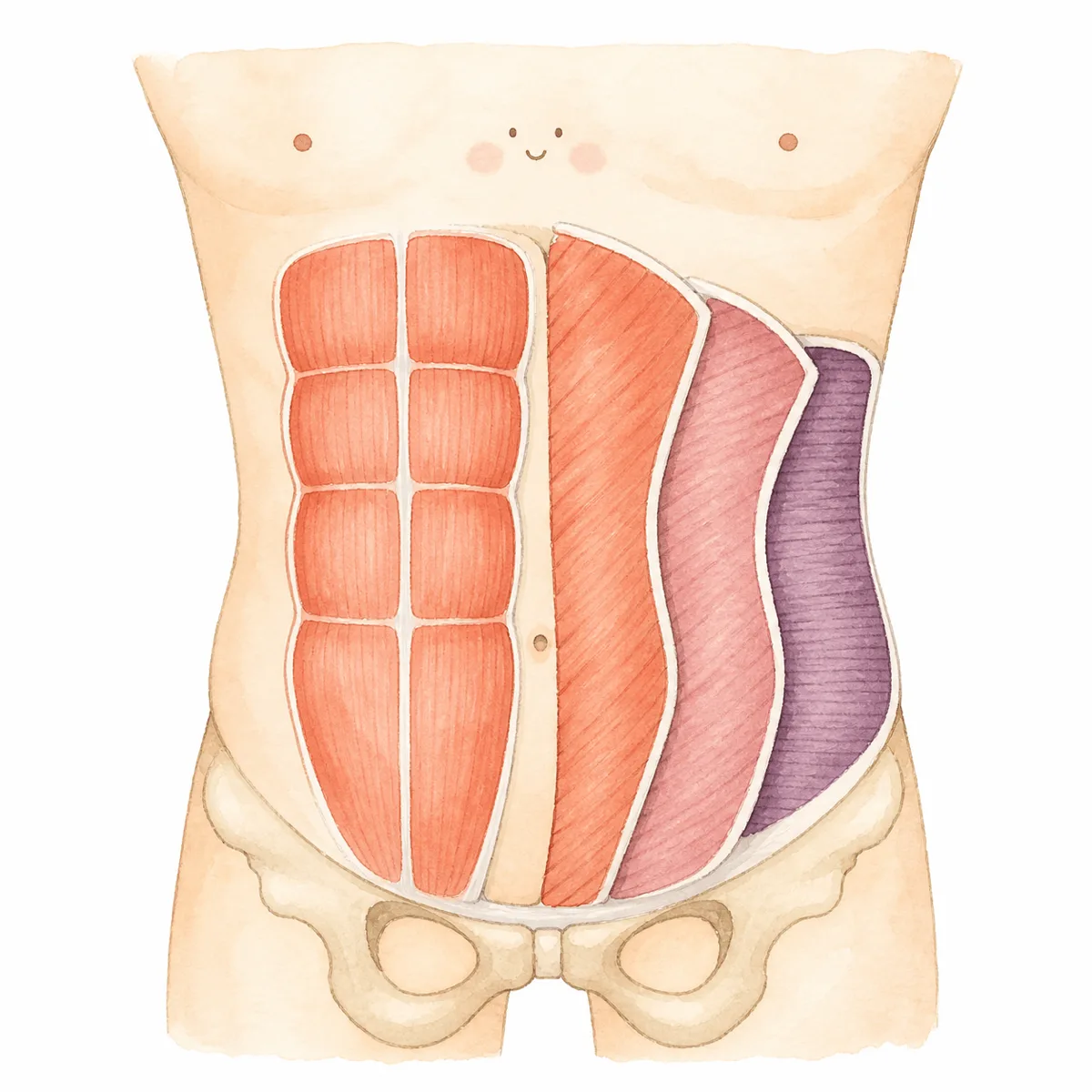 복부 근육 해부학 일러스트 - 복직근 외복사근 내복사근 복횡근 위치를 보여주는 정면 도해