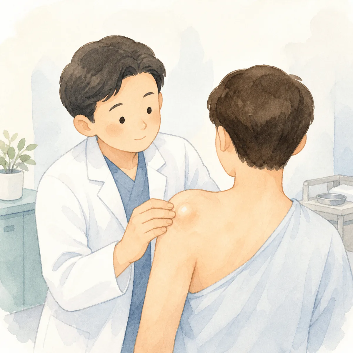 지방종 제거 수술 전 의사가 환자 어깨 부위 종괴를 진찰하는 모습