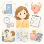 화장실 앞에서 방광 부위를 누르며 불편한 표정을 짓는 중년 여성의 모습