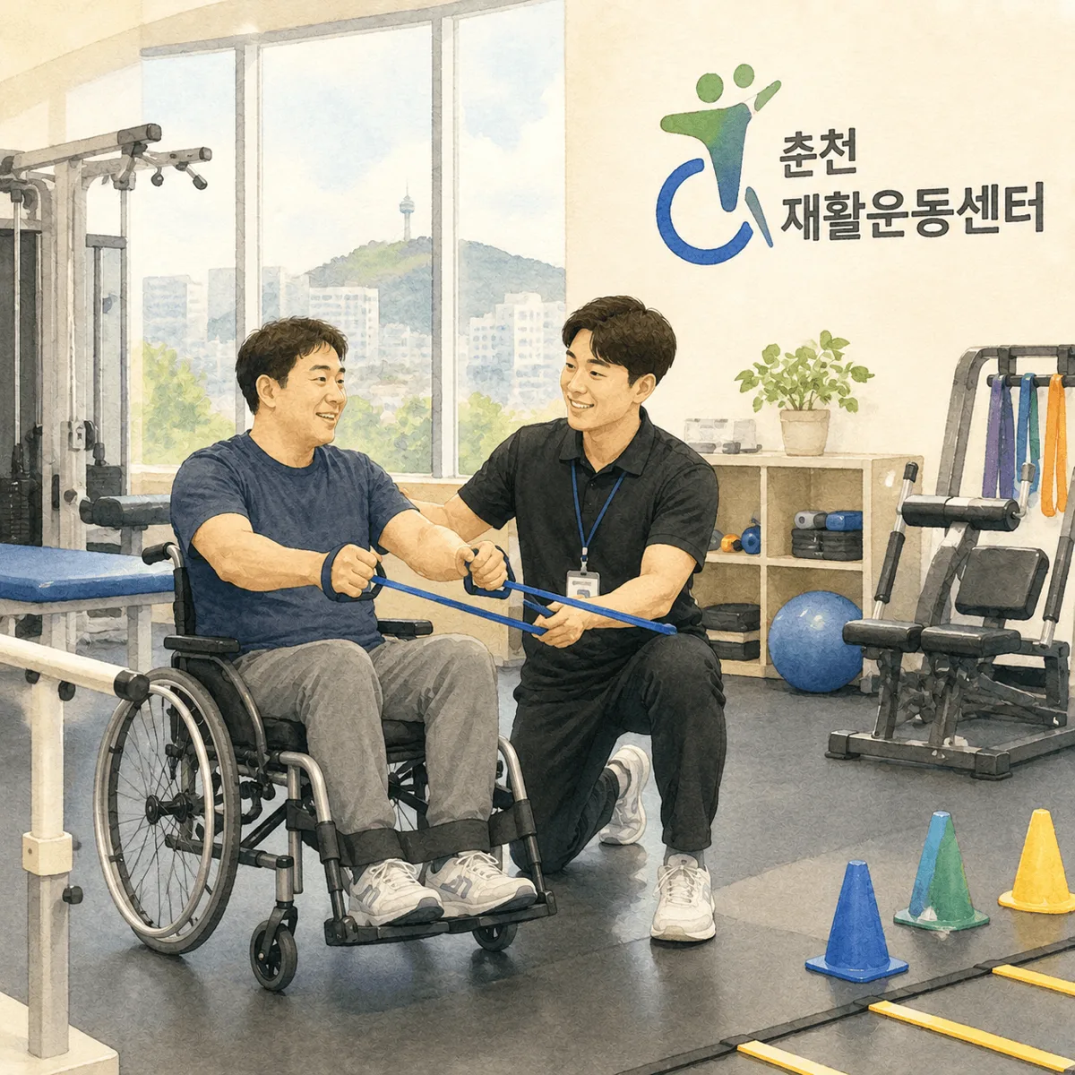 춘천 재활운동센터에서 장애인 회원이 운동 코치와 함께 트레이닝하는 모습