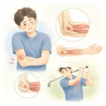 팔꿈치 안쪽 손으로 짚고 통증을 호소하는 환자와 골퍼스 엘보 부위를 보여주는 의료 일러스트