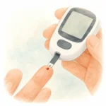 혈당 측정기로 공복 혈당 수치를 확인하는 손가락 끝 클로즈업 사진