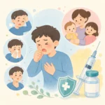 백일해 증상과 예방접종을 안내하는 의료 이미지, 기침하는 성인 환자와 Tdap 백신 주사기가 함께 표현된 건강 정보 썸네일
