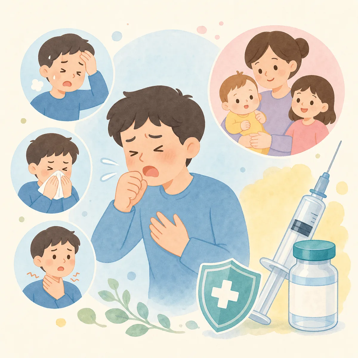 백일해 증상과 예방접종을 안내하는 의료 이미지, 기침하는 성인 환자와 Tdap 백신 주사기가 함께 표현된 건강 정보 썸네일
