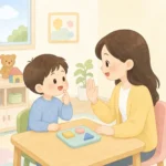 발달장애 아동이 언어치료사와 일대일 언어치료 수업을 받는 모습
