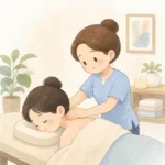 목 뒤 근육 뭉침으로 뒤통수 두통을 호소하는 환자의 경부 근육 이완 장면