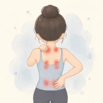허리와 등 통증으로 고통받는 사람의 뒷모습, 근막동통증후군 부위 표시 일러스트