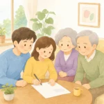 노인 부모님 곁에서 가족이 장기요양등급 신청서를 작성하는 모습