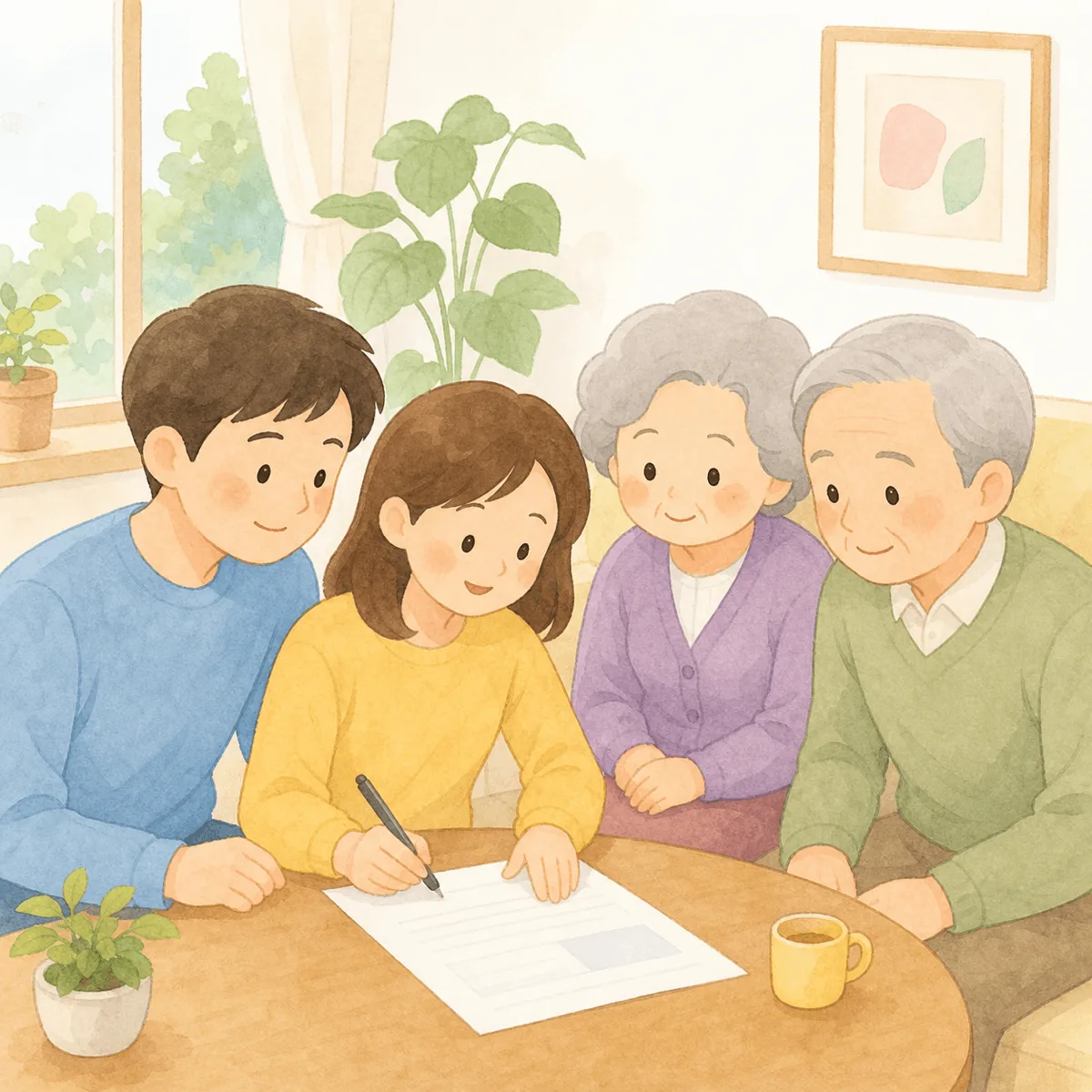 노인 부모님 곁에서 가족이 장기요양등급 신청서를 작성하는 모습