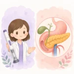 마운자로 주사제 옆에 췌장 해부 구조 이미지를 나란히 배치한 의학 정보 썸네일