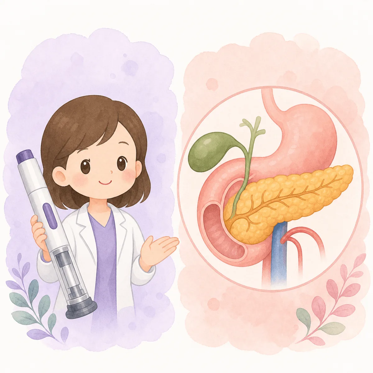 마운자로 주사제 옆에 췌장 해부 구조 이미지를 나란히 배치한 의학 정보 썸네일