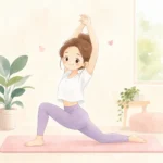 장요근 스트레칭으로 허리와 골반이 편안해진 귀여운 캐릭터, 건강하고 밝은 느낌
