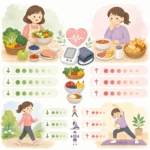 고혈압에 좋은 음식과 운동 수치별 효과를 비교한 인포그래픽, 혈압계와 채소 운동 이미지