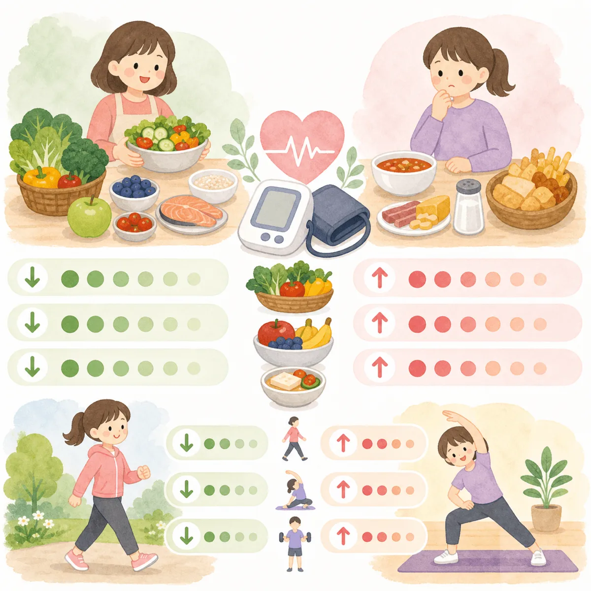 고혈압에 좋은 음식과 운동 수치별 효과를 비교한 인포그래픽, 혈압계와 채소 운동 이미지