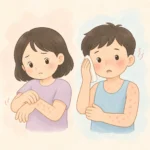 두드러기 증상으로 팔을 긁는 사람과 체온 상승 뒤 작은 팽진이 생긴 사람을 나란히 표현한 귀여운 단순 플랫 카툰