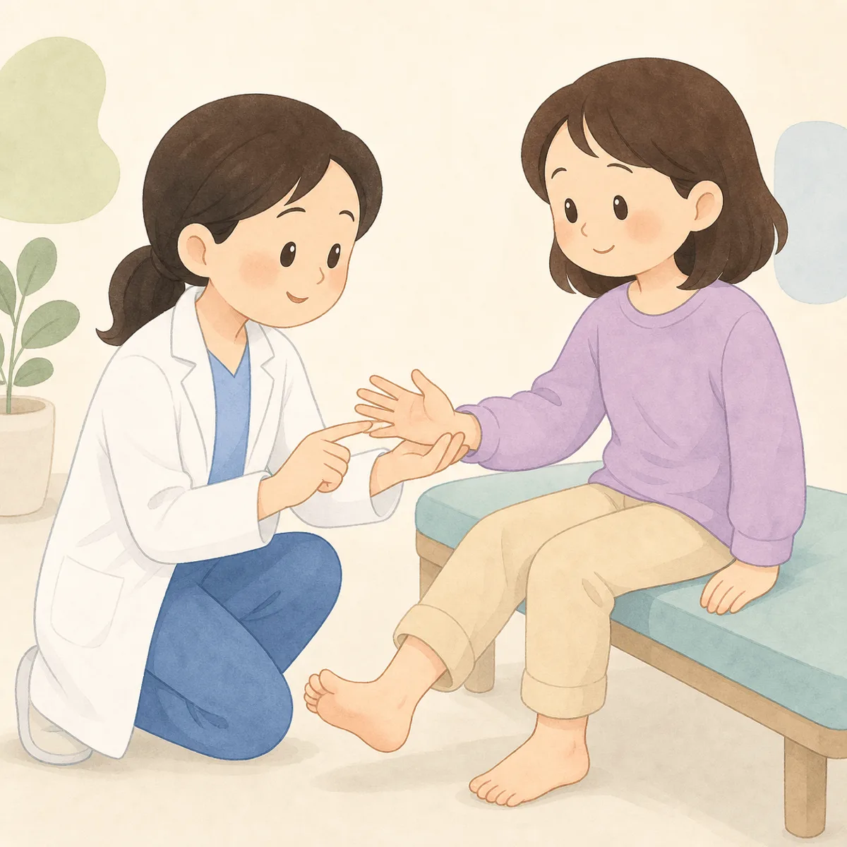 손발 저림 부위를 살피는 의료진과 환자를 표현한 귀여운 단순 플랫 카툰