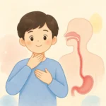 목과 가슴을 가리키는 귀여운 플랫 카툰 인물과 식도 그림