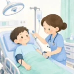 응급실에서 패혈증 환자의 체온과 혈압을 확인하는 의료진을 표현한 단순 플랫 카툰