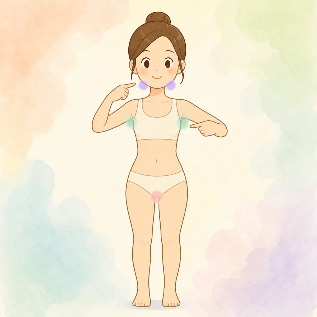 귀여운 단순 플랫 카툰 인물이 목 겨드랑이 사타구니의 림프절 위치를 가리키는 장면