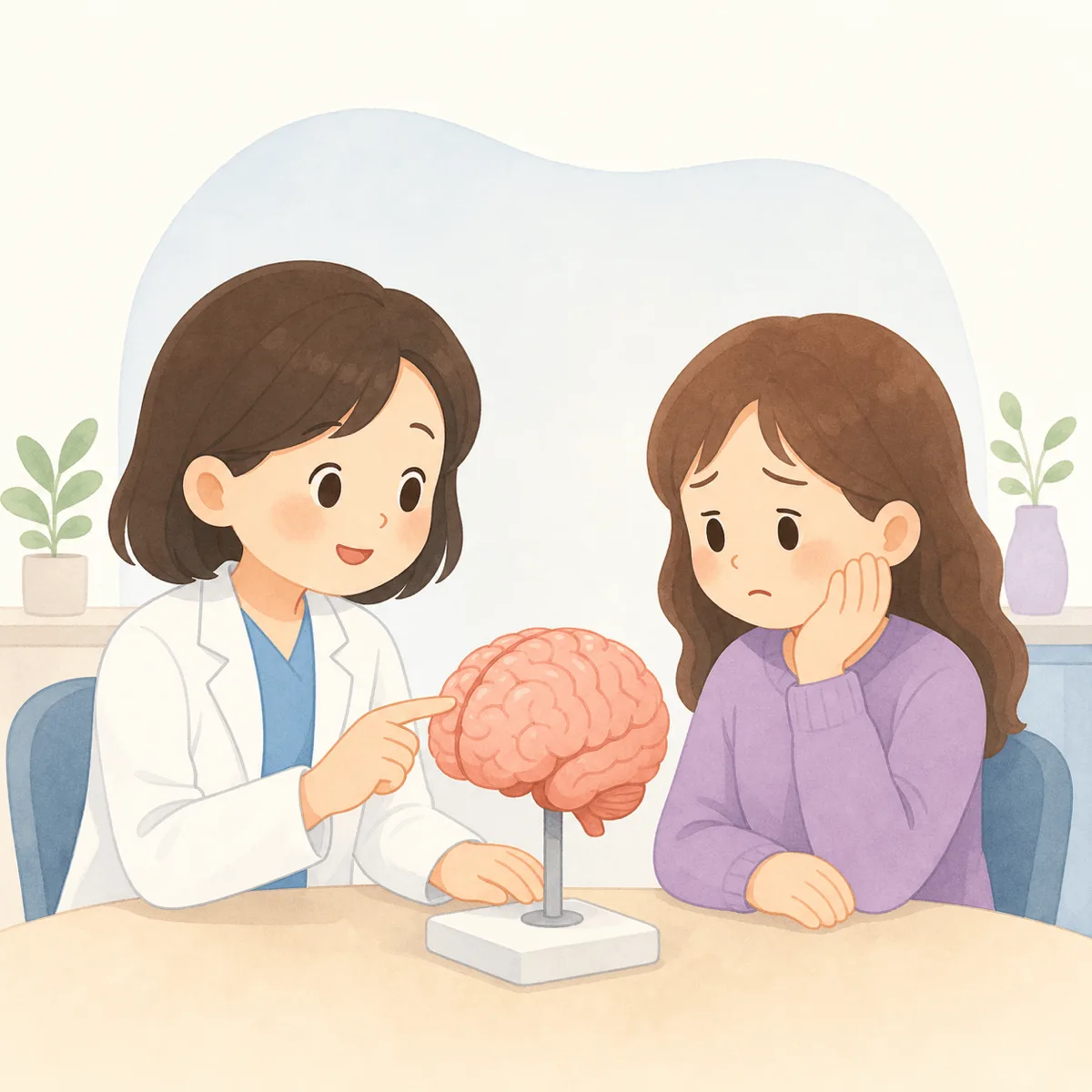 뇌 모형을 살펴보는 의료진과 걱정스러운 환자를 표현한 귀여운 단순 플랫 카툰
