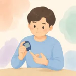 당뇨병 초기 변화를 확인하며 혈당을 측정하는 사람의 귀여운 플랫 카툰